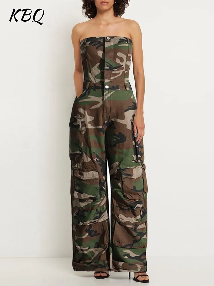 KBQ Streetwear Camouflage Jumpsuits For Women Strapless Sleeveless Off Shoulder High Waist Spliced Pockets Jumpsuit Female New