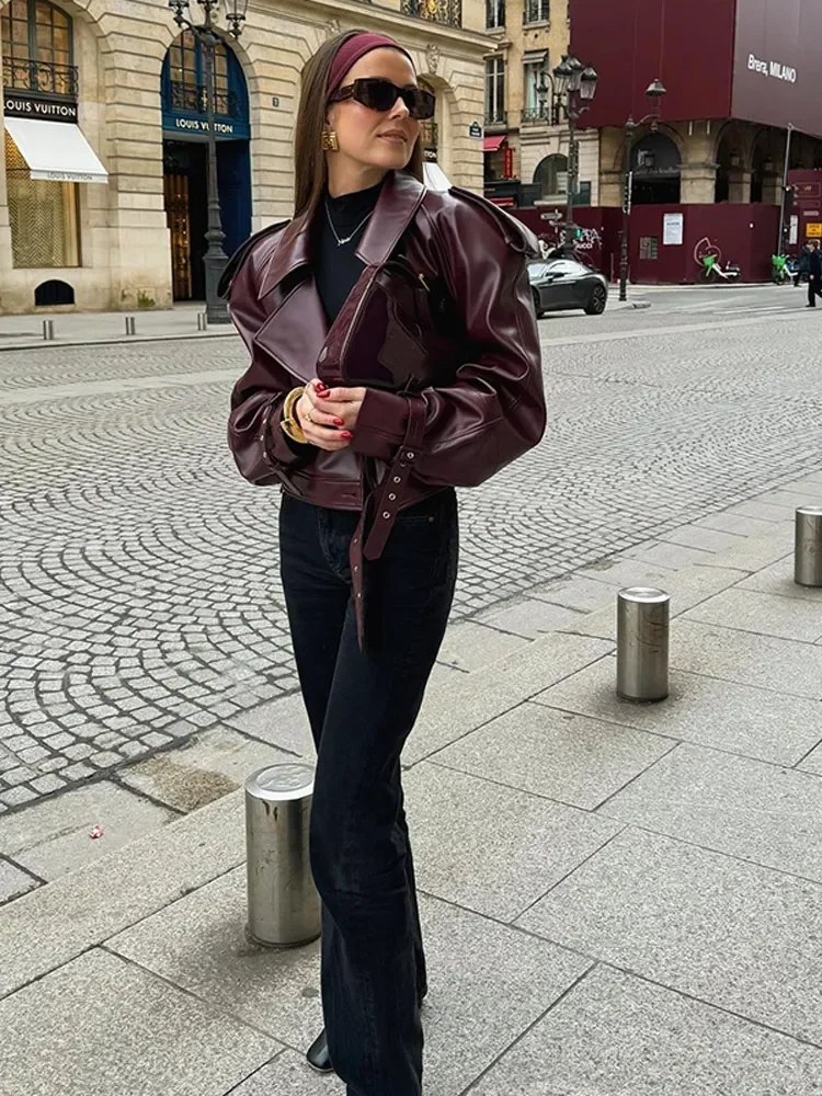 Vintage Zipper Long Sleeve Motor Bicycle Coat Women Braid Lapel Cropped Leather Jacket Chic Casual Retro Loose Street Outerwear 4