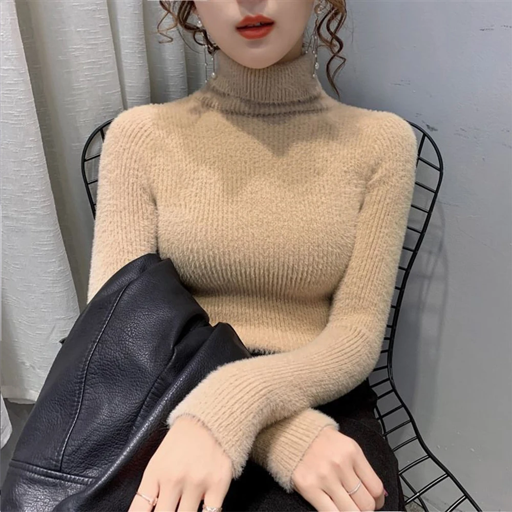 

New Autumn Winter Women Sweater Turtleneck Green Knitted Pullover Fashion Keep Warm Tops Basic Slim Stretch Soft S-2XL T Shirt