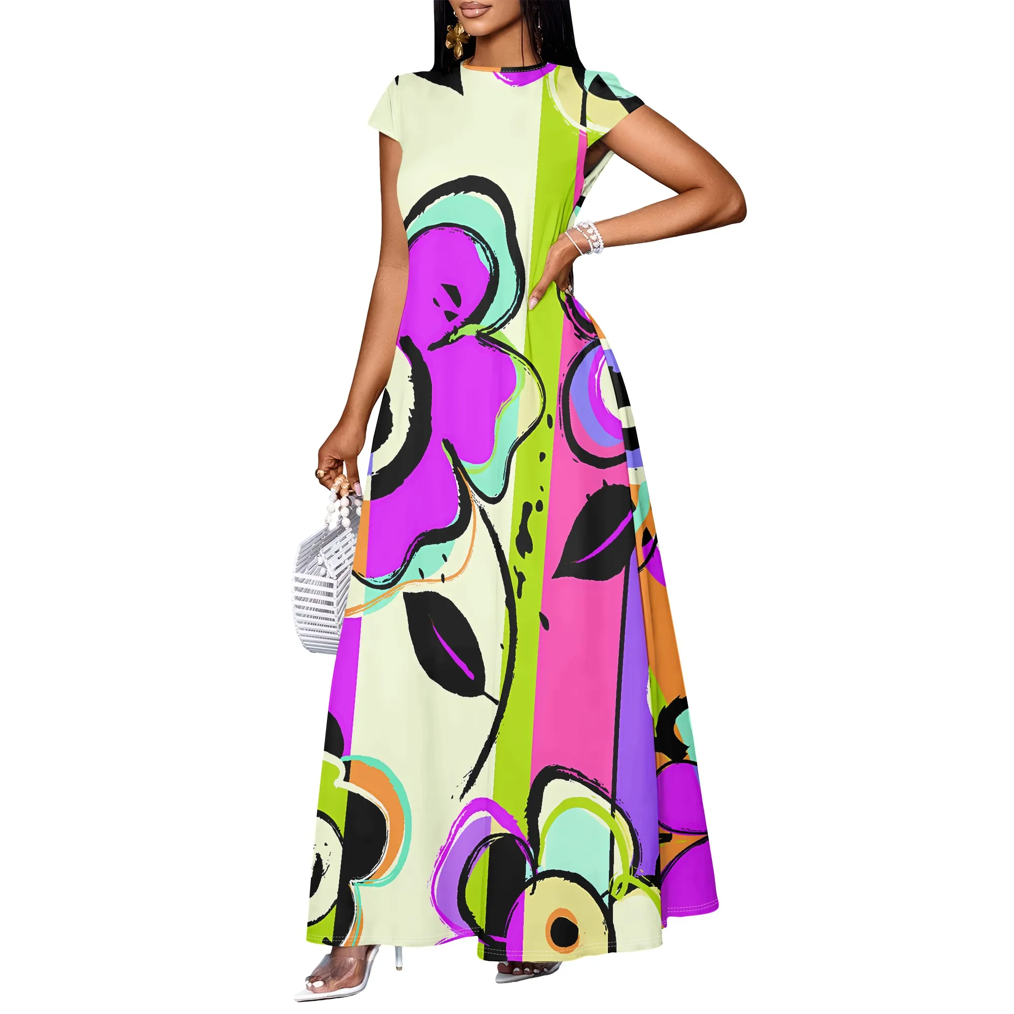 Damen Kurzarm-Kleid mit Taschen, Neues Modisches Bedrucktes Kleid, Retro-Anmutiger Stil Outfit – Detail 8