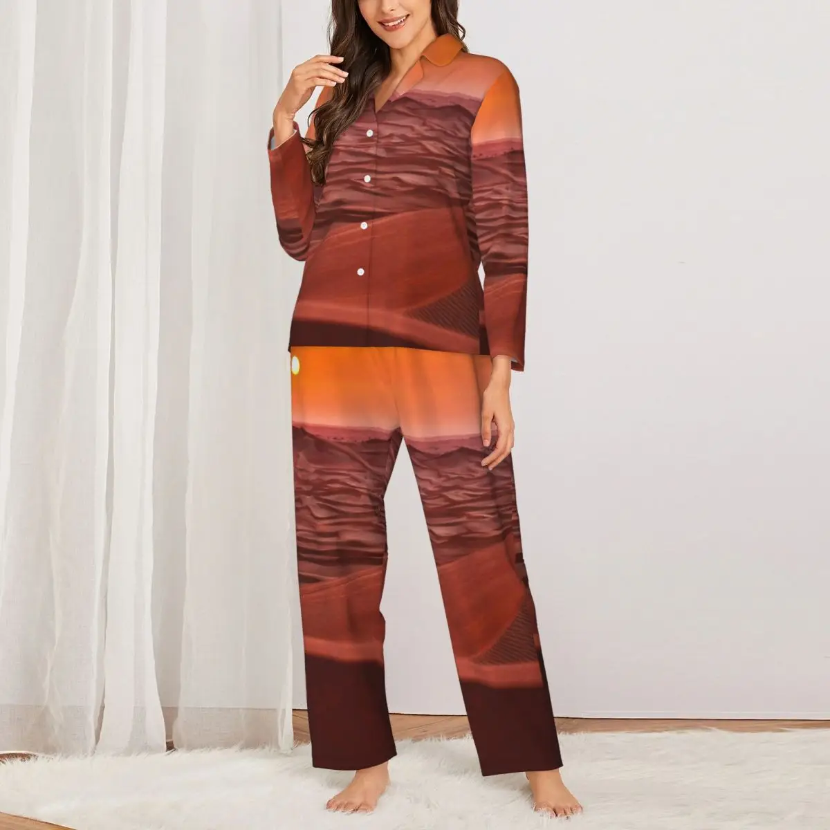 

Пижама женская в стиле ретро, одежда для сна с изображением пустынного пейзажа, с длинным рукавом, элегантный домашний костюм на заказ, большие размеры, весна