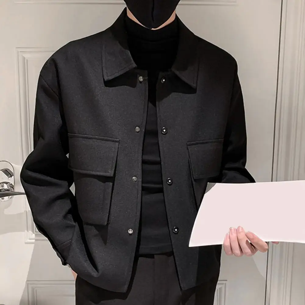 

Spring Autumn Men Cargo Coat Solid Color Long Sleeve Men Jacket Turndown Collar Single Breasted Outerwear Streetwear