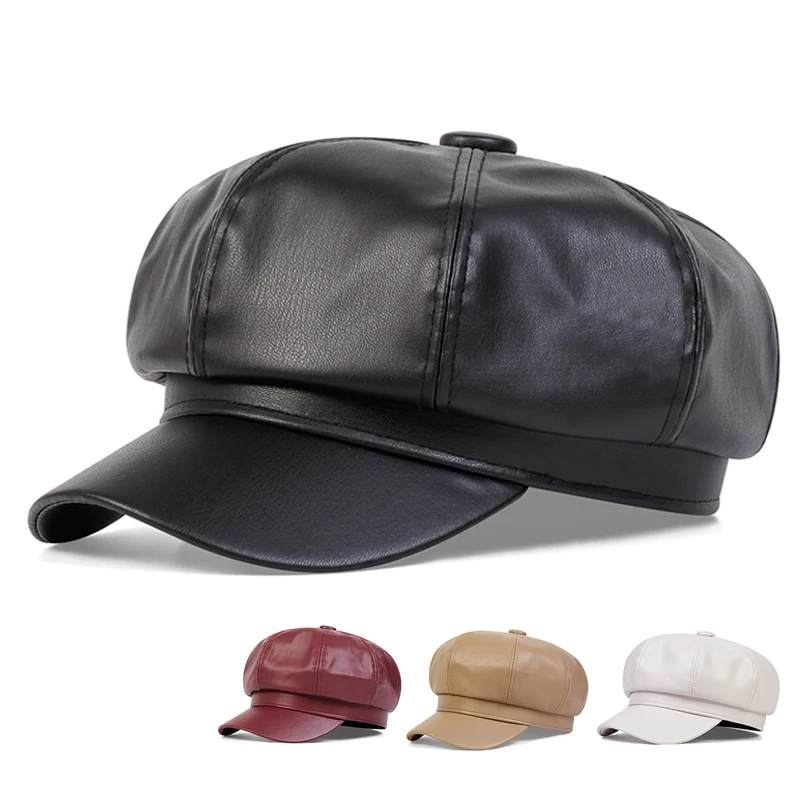Unisex PU Leather Octagonal Hat Military Hats Flat Top Baseball Caps For Women Men Outdoor Sports Cadet Sunscreen Hat baseball cap flat cap cap hat flat vintage cap leather hat
