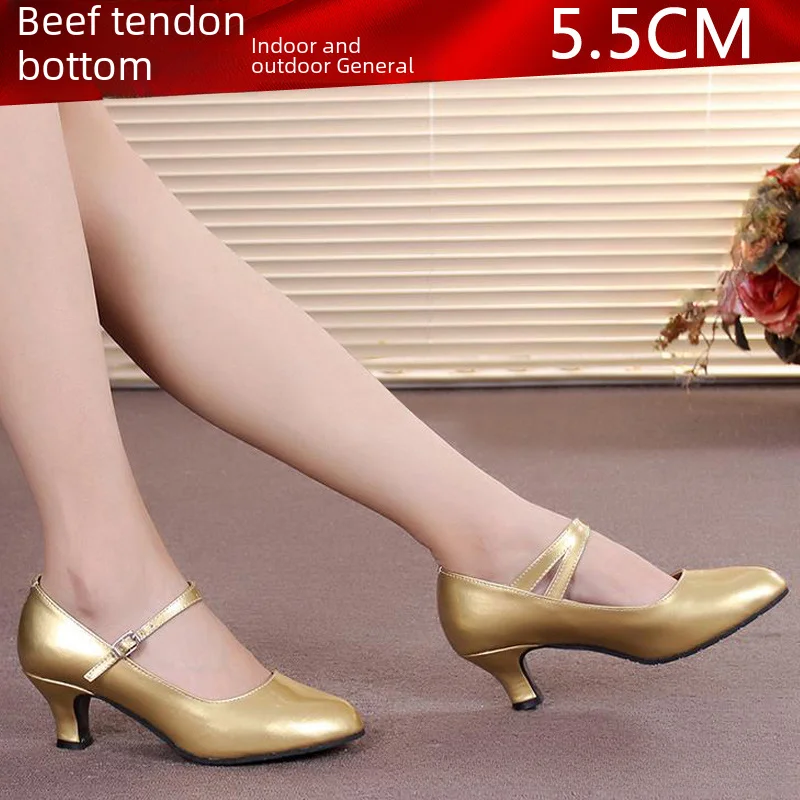 thumbnail image 1 of Zapatos de baile latino para mujer, tacones bajos cuadrados, zapatos de baile moderno, cuero, resistentes a los olores, resistentes al desgaste, absorbentes del sudor, 1 of 5
