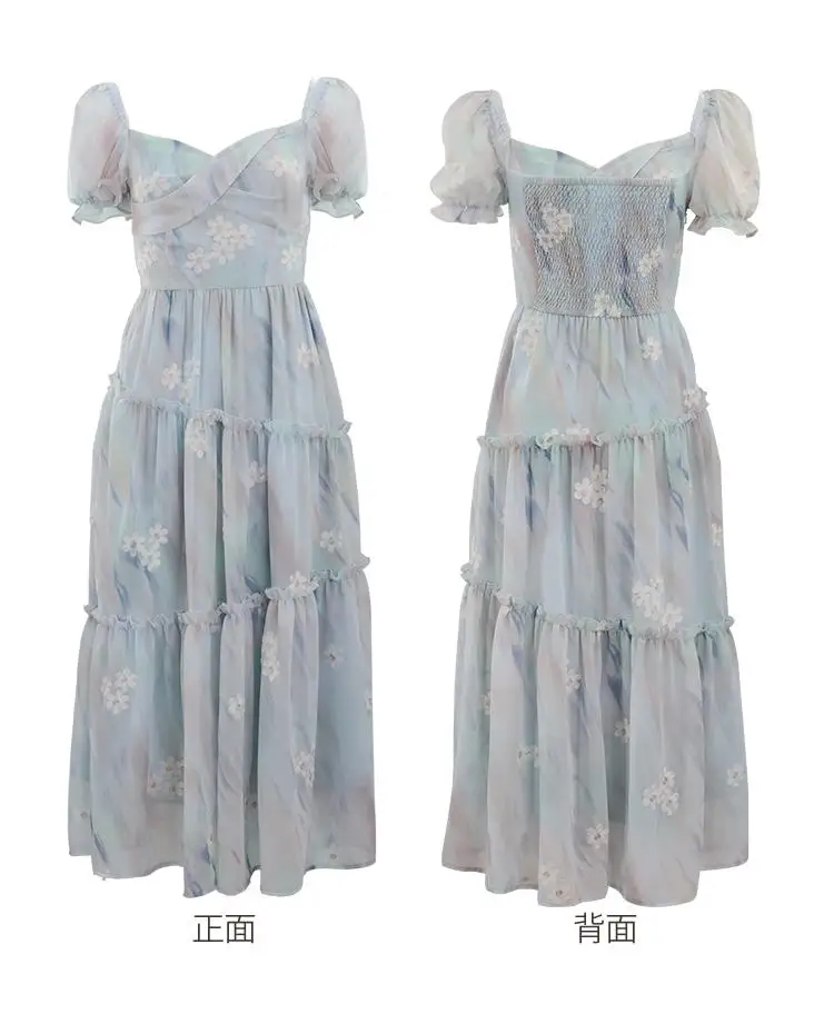 French Vintage Floral Ruffles Midi Dresses for Women Lace Square Collar Puff Sleeve Elegant Princess Birthday Party Dress New