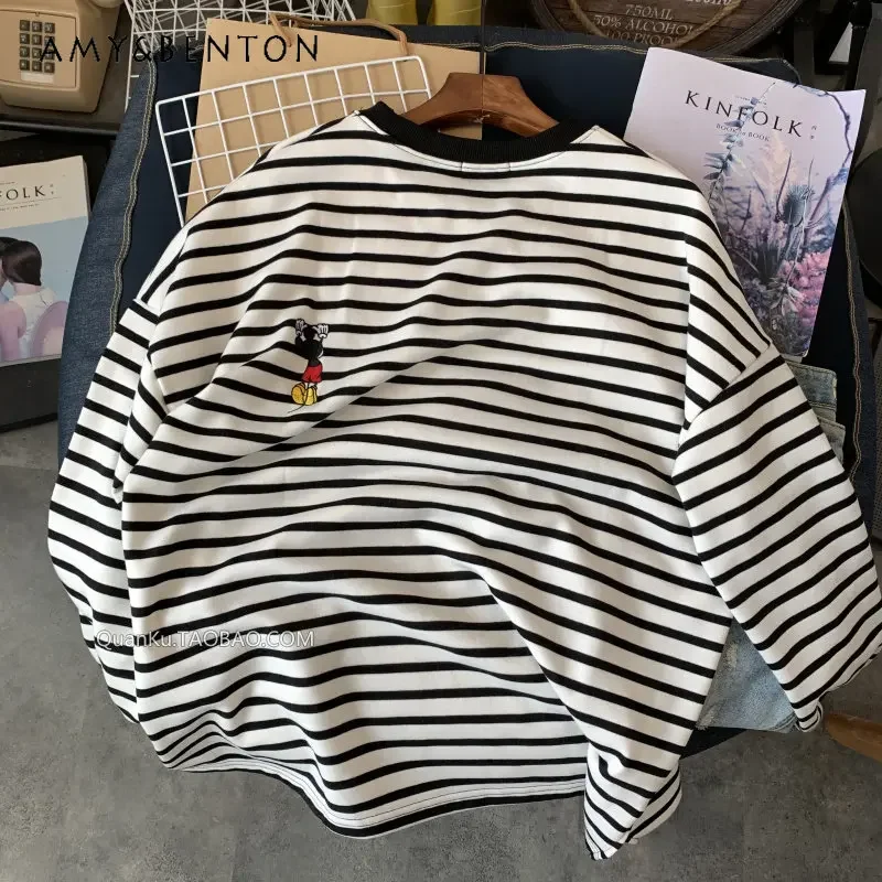 Potdemiel Spring Autumn Thin Loose Oversize Sweatshirts For Ladies Simple Fashionable Embroidered Cotton Striped Pullovers Women