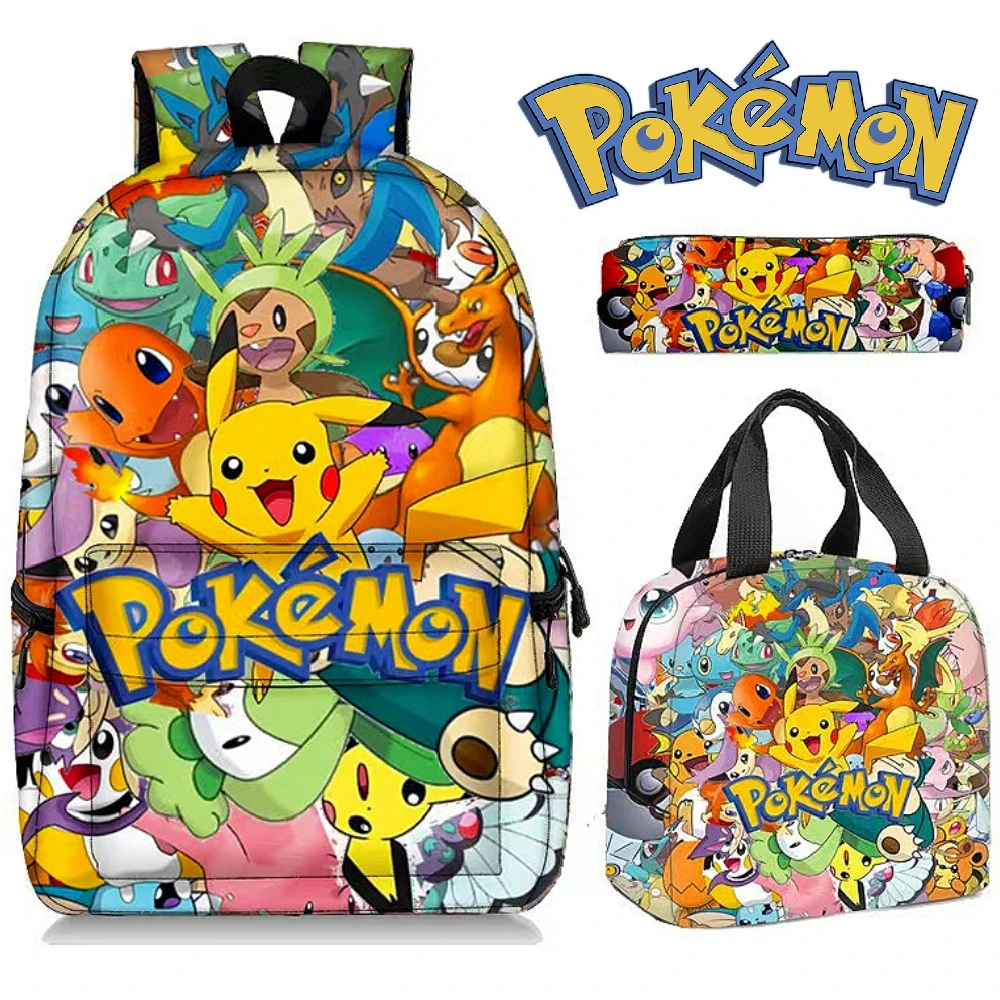 

Pokemon Pikachu Backpack Anime Student School Bag Kawaii Lunch Bag Cartoon Study Stationery Pencil Case 3Pcs/set Children's Gift