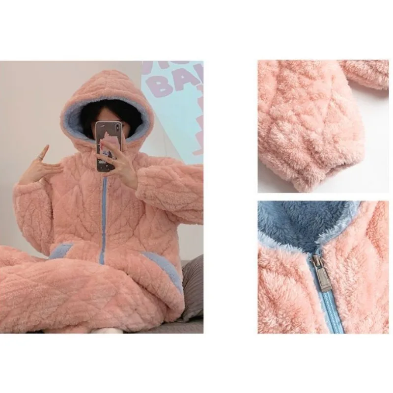Winter Women Three-Layer Quilted Thermal Pajamas Female Thicken Fleece-Lined Homewear Thicken Coral Velvet Nightclothes Suit