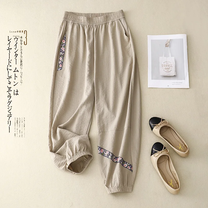 

2023 Summer New Womans Cotton Linen Ankle-length Pants Casual High Elastic Waist Patchwork Bloomers Pants Female Harem Pants