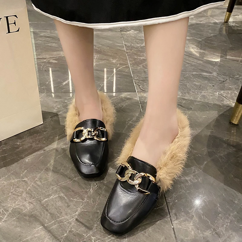 Winter Warm Slip-on Long Plush Square Toe Metal Chain Flats Loafers Luxury Furry  Lazy Espadrilles Footwear Size 35-40 4