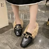 Winter Warm Slip-on Long Plush Square Toe Metal Chain Flats Loafers Luxury Furry  Lazy Espadrilles Footwear Size 35-40 4