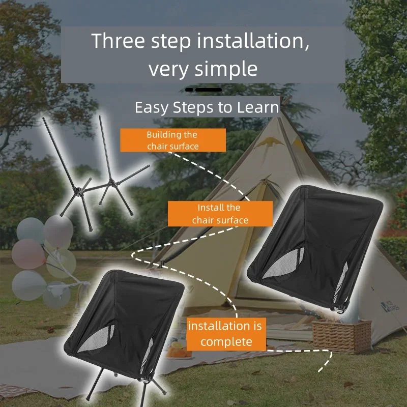 Portable Folding Moon Chair Outdoor Camping Fishing Chair Leisure Beach Thick Steel Pipe Bearing 100KG Black Beige