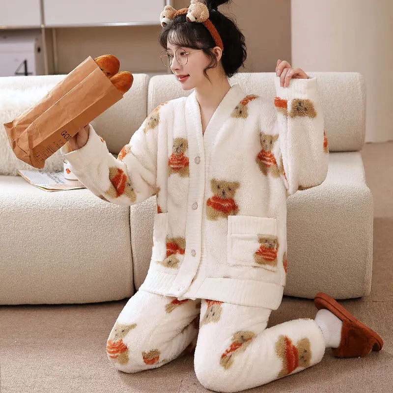 2024 New Women's Pajamas Autumn Winter Famale Sleepwear Coral Plush Loungewear Suit Cute Dog Home Wear Thick Flannel Outwear Set