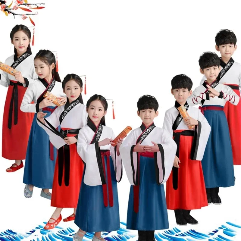 

Kids Traditional Chinese Clothing Girls Ancient Costumes Folk Dance Hanfu Dress Stage Performance Boys Culture Tang