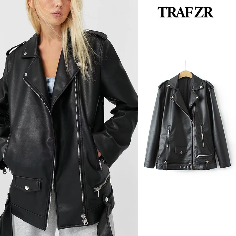 

TRAF ZR Women's Winter Coats Zip Leather Jackets Winter Y2k Vintage Top Vintage New in Outerwears Streetwear Bomber Jackets