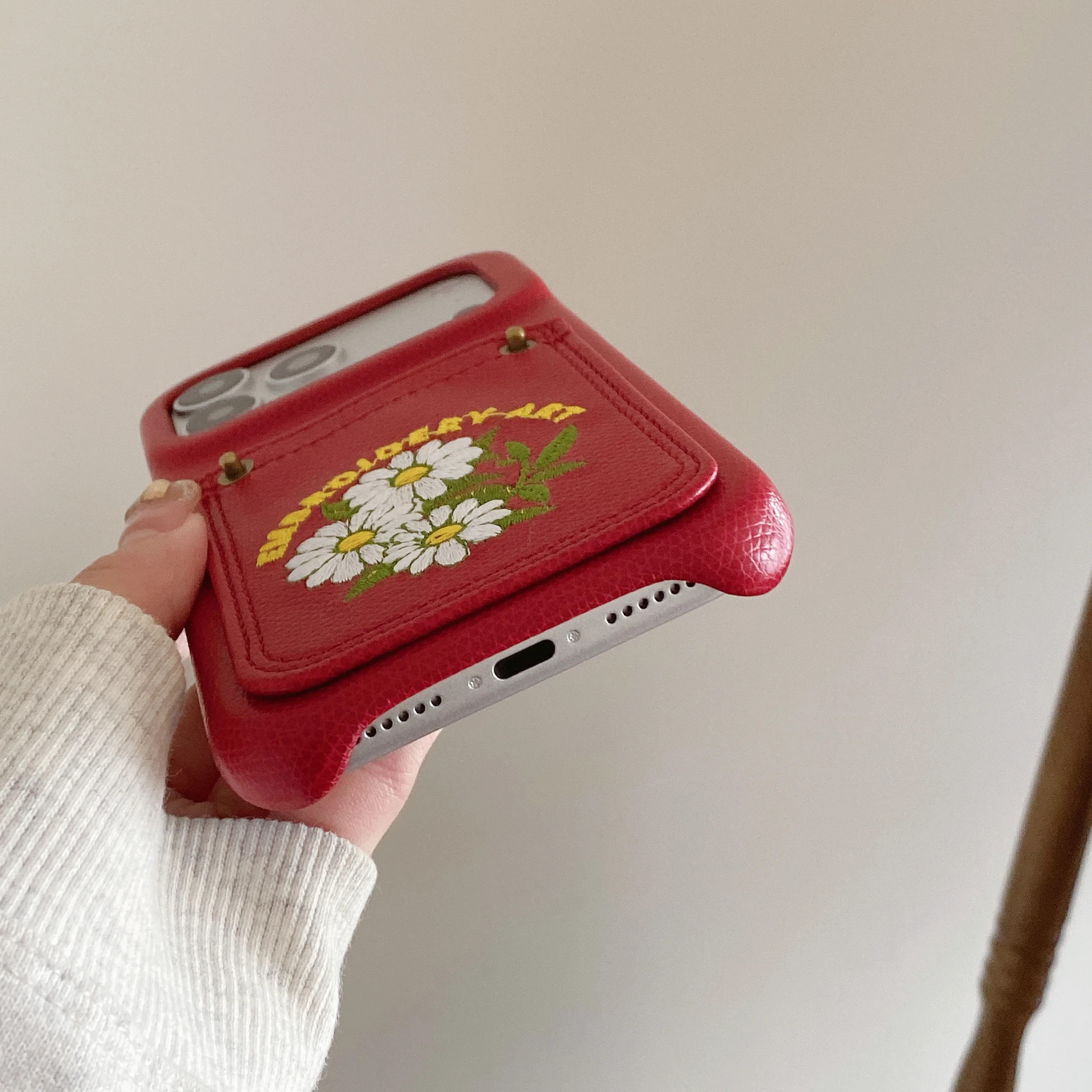 PU Leather Phone Case with Card Pocket and Embroidery - Simple Half-Wrapped Shockproof Design
