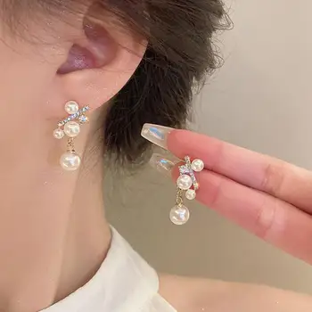 925 Silver Needle Korean Fashion Crystal Pearl Drop Earrings For Women Jewelry 2025 Trending New Luxury Zircon Women's Earrings