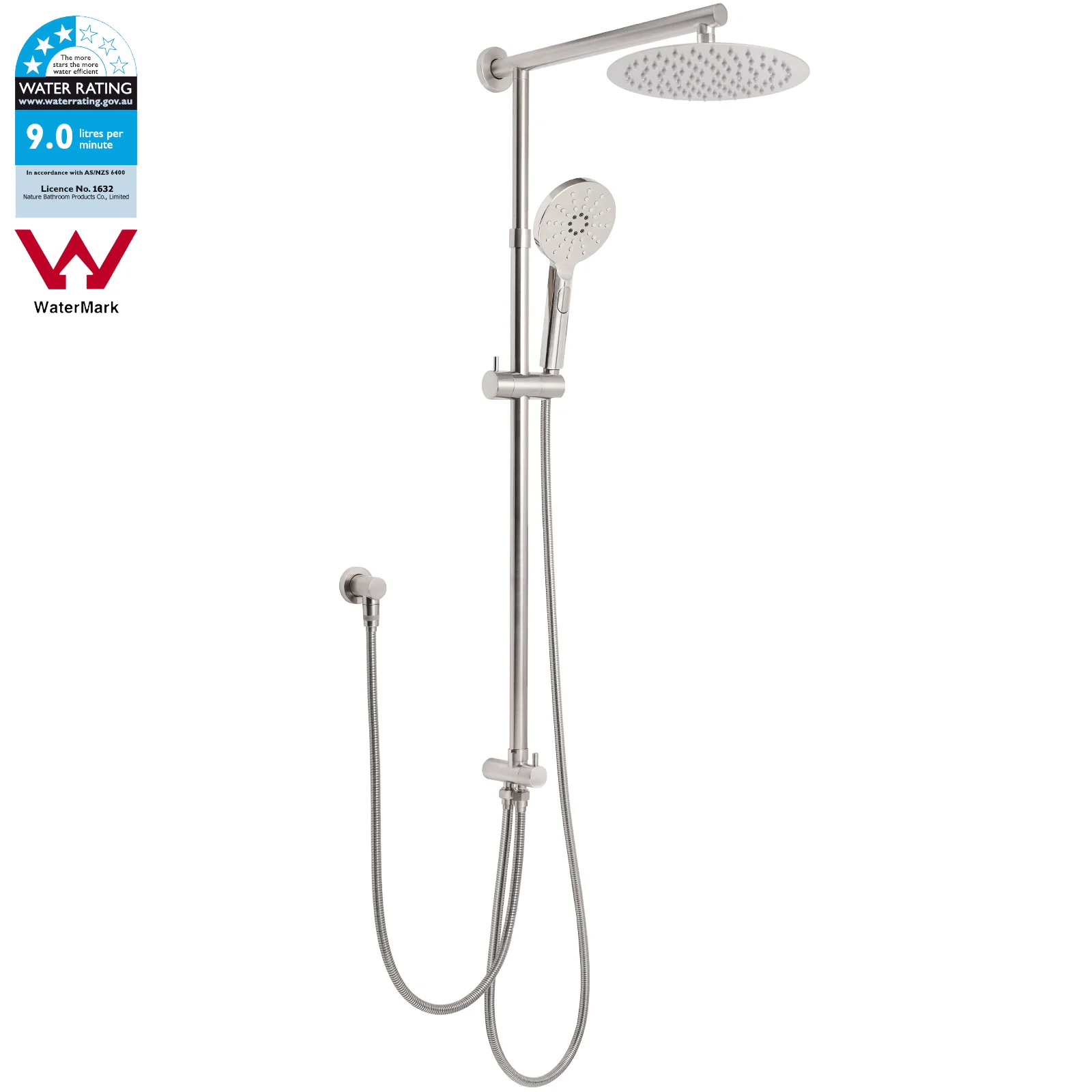 **Sydney Stock** KYLINS 8/10/12" Rain Shower Head Adjustable Sliding Rail Dual Hose 2 in 1 Set Brushed Nickel WELS WATERMARK