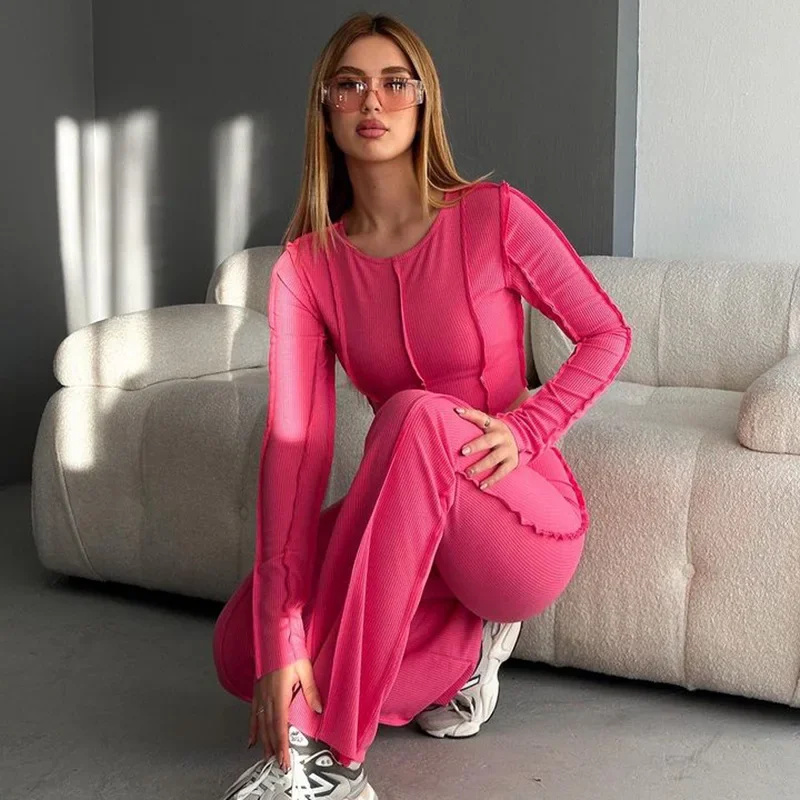Women's Stripes Two Piece Set Pants Suits O Neck Long Sleeve Casual Suits Homewear Crop Tops Y2k High Waist Solid Colors YWFD027