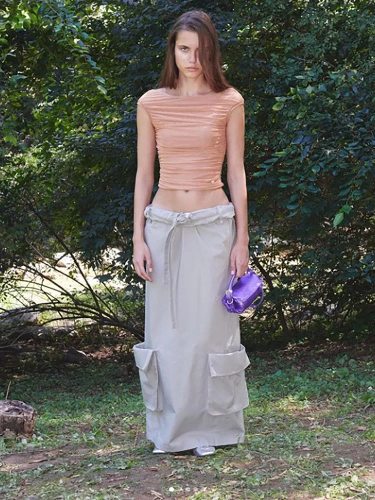 

y2k summer turn waist side open work midi dresses2023 fashion straight multi-pocket drawstring thin long Women's skirt