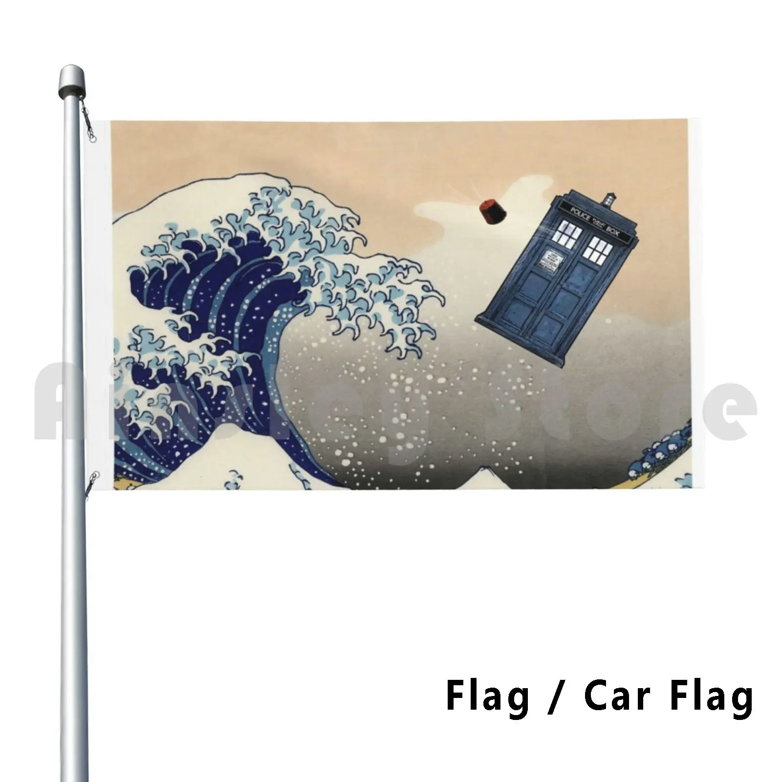 Tardis At Kanagawa Outdoor Decor Flag Car Flag Tardis Kanagawa Great Wave Fez Tsunami