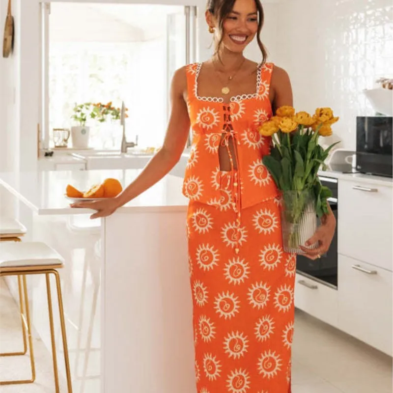 

Женский комплект из топа и юбки, облегающее длинное платье в богемном стиле, Пляжное платье с квадратным вырезом и майка, женская одежда, весна-лето 2024