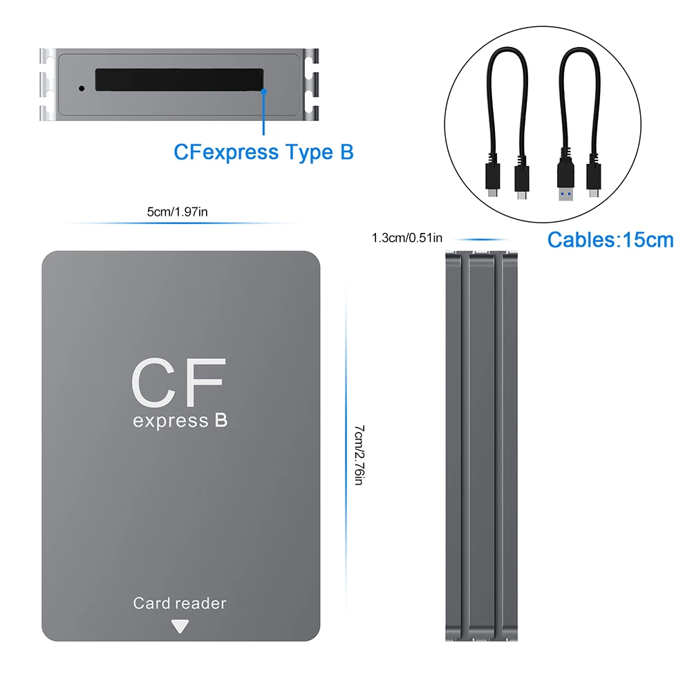 CFexpress Type B Card Reader USB 3.2 10Gbps CF Express Card Reader Type B Adapter with USB C To USB C/A Cable for SLR