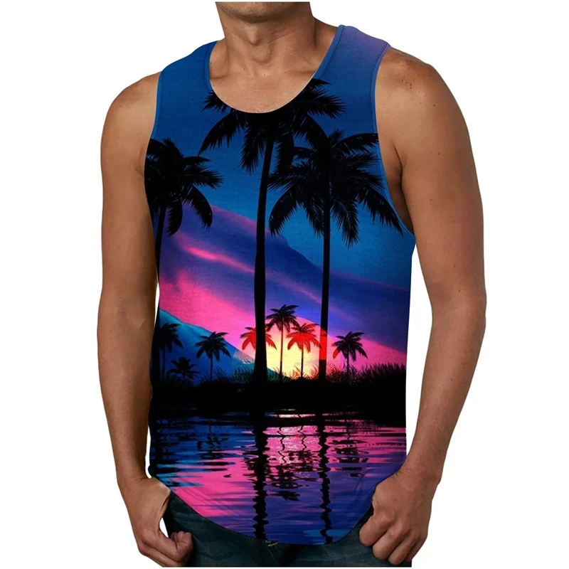 3D Print Palm Tree Graphic Tank Top For Men Clothing 2024 New Fashion Sleeveless Beach Tops Homme Hawaii Vacation Tee Shirt Male