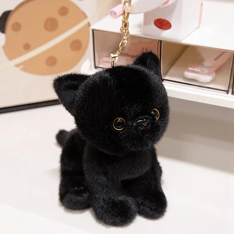 15cm 귀여운 시뮬레이션 앉아 고양이 펜던트 인형 봉제 인형 부드러운 동물 화이트 블랙 새끼 고양이 키 체인 인형 어린이 생일 선물