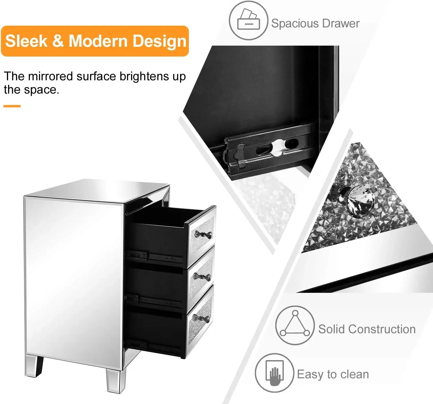 Mirrored Nightstand Set of 2, Mirrored Side/End Table for Living Room, Glass Silver Nightstand, Crushed Glass Mirror Night Stand
