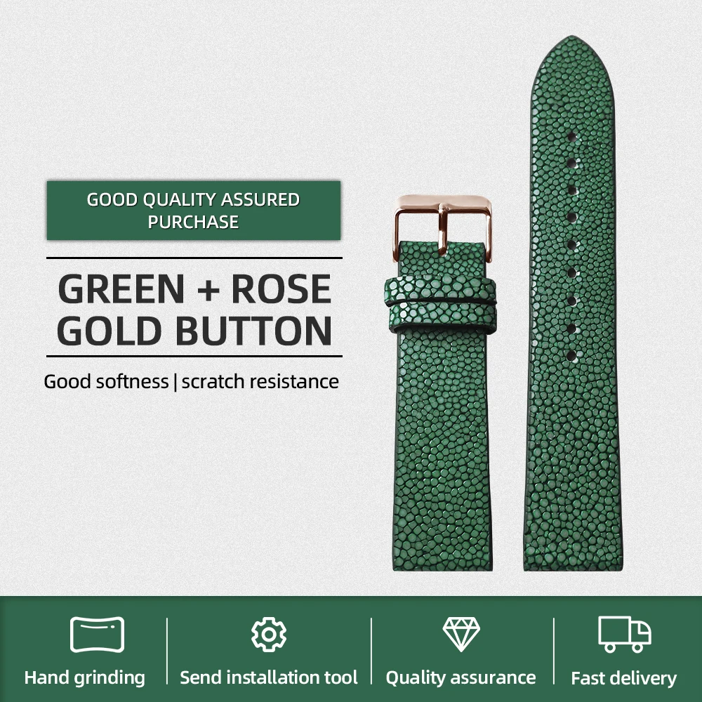 Luxurious Handmade Pearl Fish Leather Watchband - High-End Vintage Bracelet in Black, Blue, and Green Genuine Leather