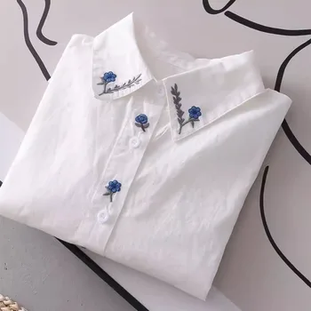 Spring and autumn New Pure Cotton White Shirts Women Turn Down Collar Embroidered Long Sleeve Casual Tops Little blue flower 1