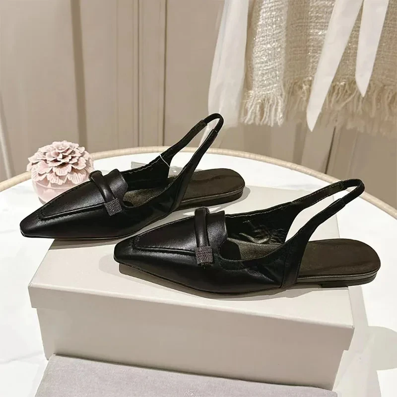 Suede Leather Loafers Women Square Toe Slip-On Chain String Bead Flat Shoes Female Summer Casual Comfort Walking Shoes Woman