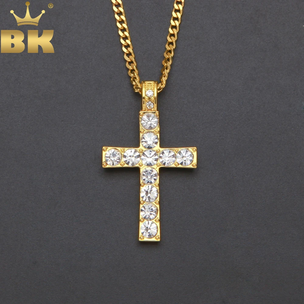 

TBTK Gold Cross Pendant Iced Out Bling Crystal Luxury Costume Jewelry for Man Simple Classic Style Punk Party Trendy Cool