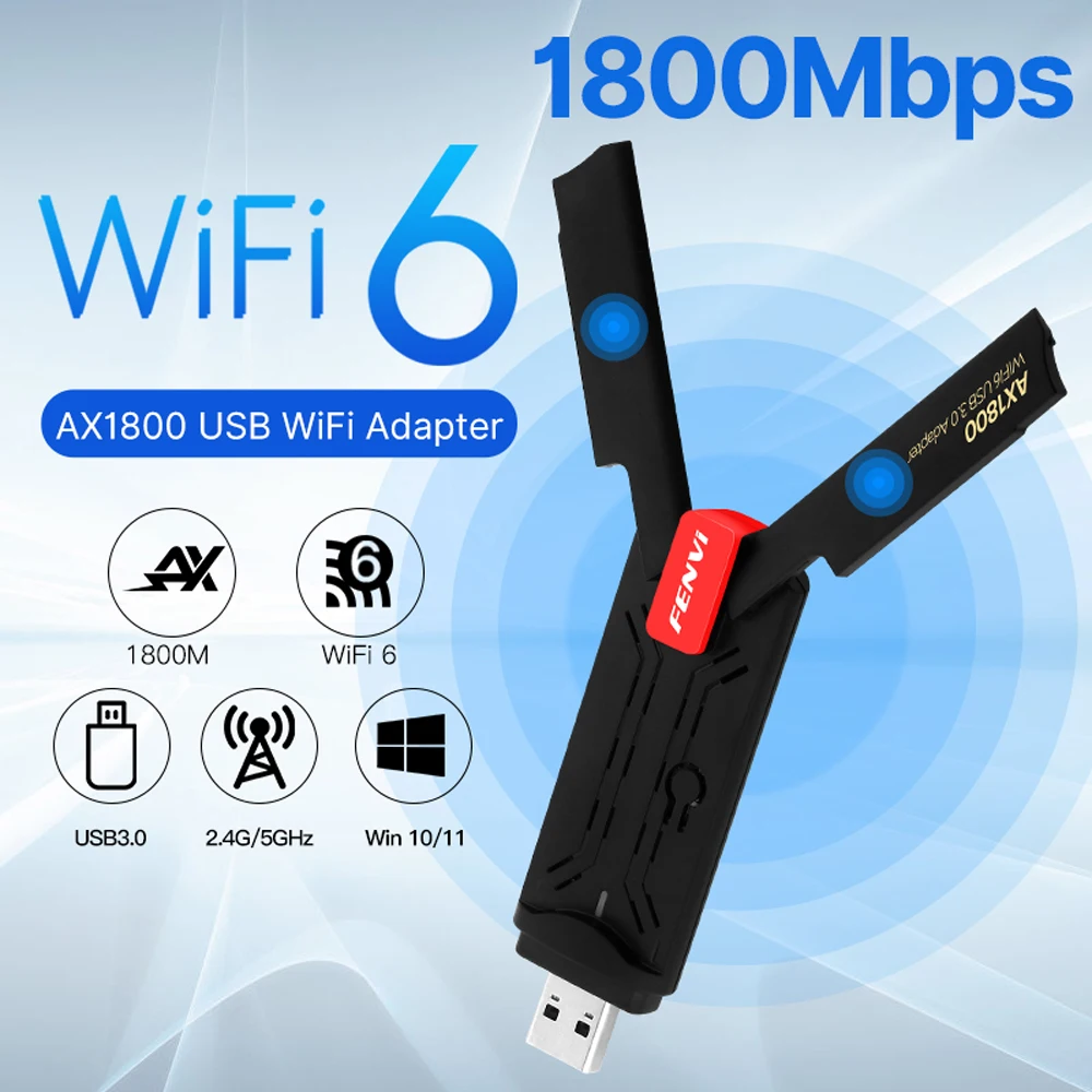 

Fenvi AX1800 Wi-Fi 6 USB 3,0 адаптер 2,4G/5 ГГц двухдиапазонный беспроводной wifi6 USB-ключ приемник карта с высоким коэффициентом усиления антенна для Win 10/11