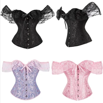 Women Off Shoulder Lace Corset Top Vintage Floral Jacquard Waist Trainer Bustier With Ribbon Detail Cosplay Gothic Black Costume