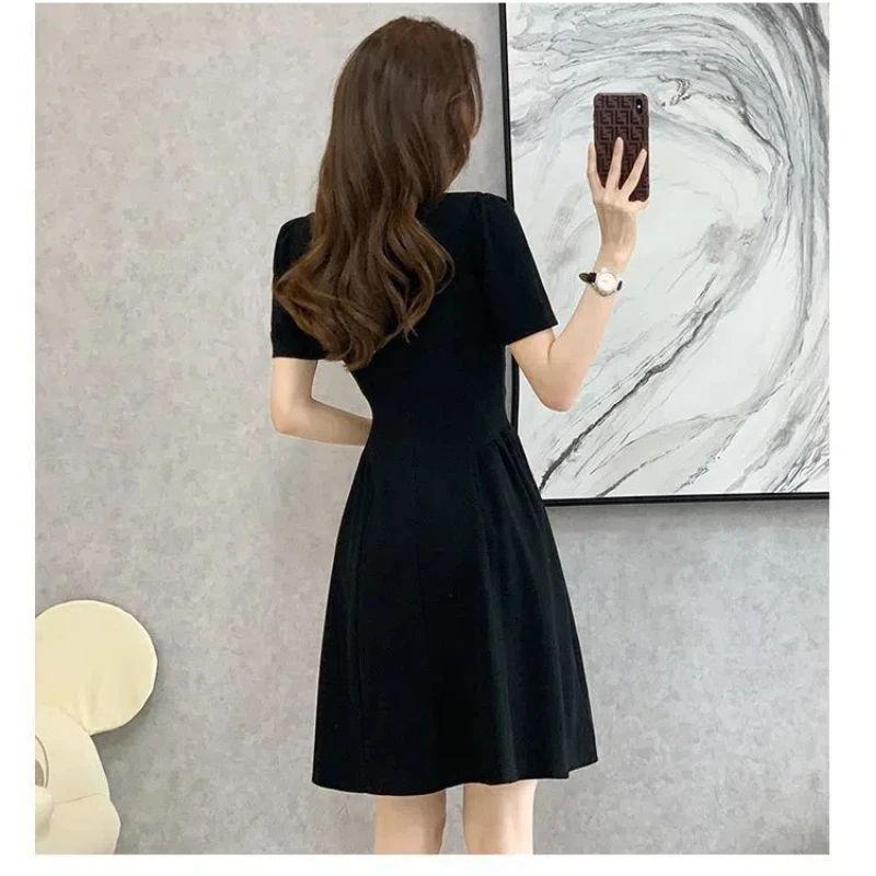 Large Summer Black Dress French Style Slightly Fat MM Looks Thin and Tall This Year's New Short Sleeve Small Fragrance Dress