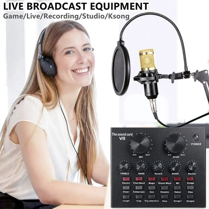 

BM800 Dual DSP Noise Reduction Chip Microphone Karaoke Music Recording Studio Equipment Professional Condenser Mic V8 Soundcard