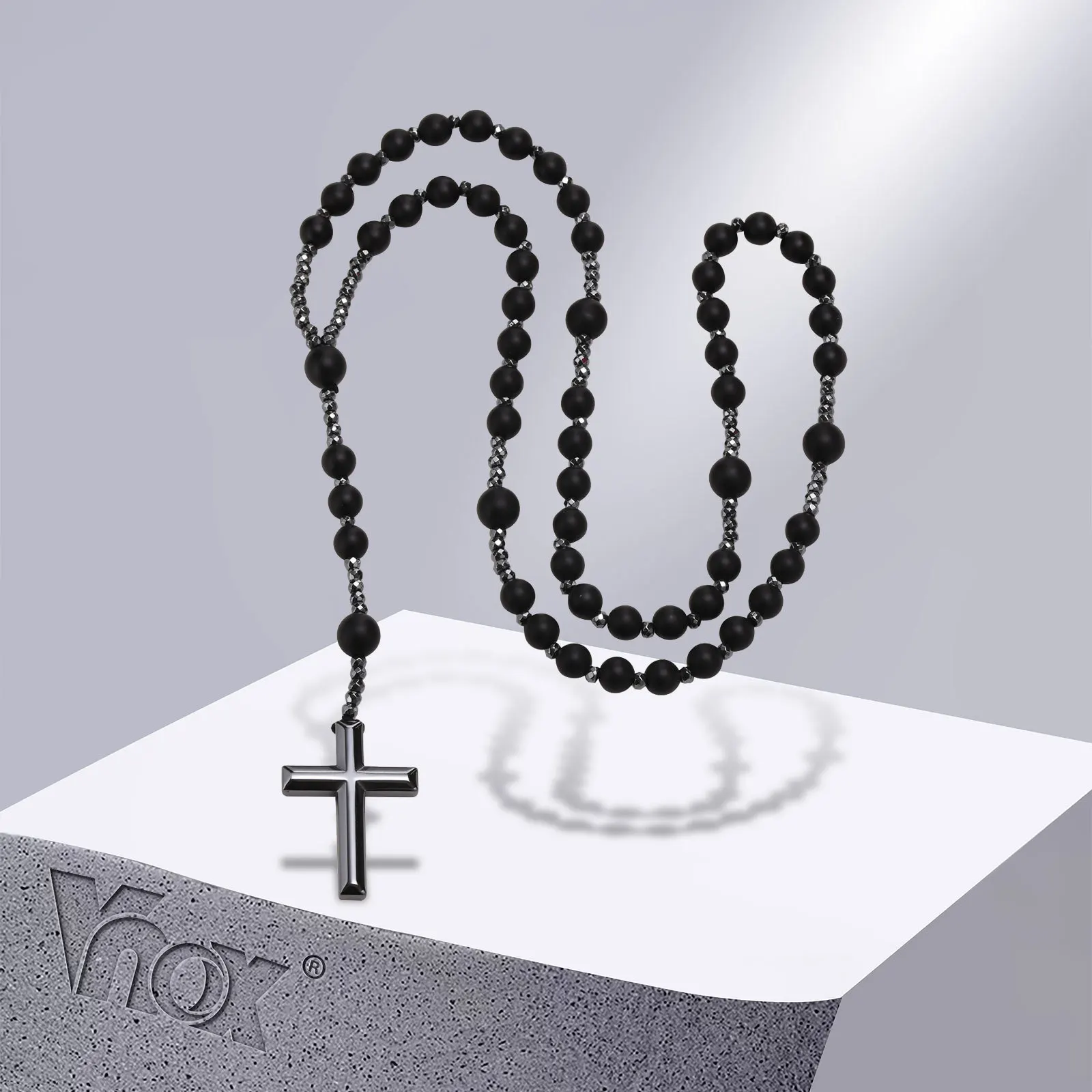 Vnox Schwarze Rosenkranz-Kreuz-Halsketten für Männer und Frauen, Power Balance Hämatit-Halskette, Kirchengebetsschmuck
