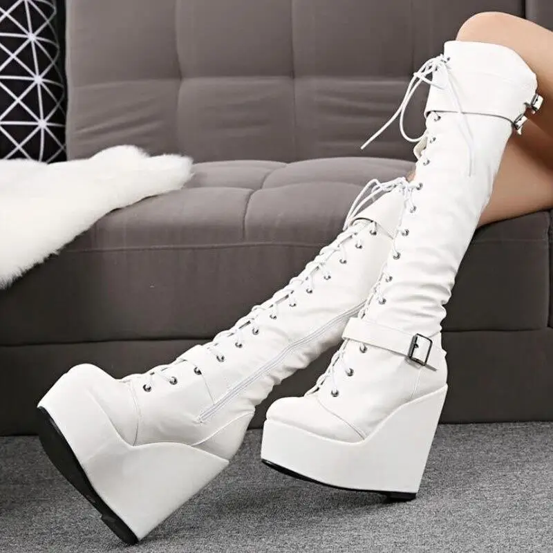 

OEING Womens Round Toe Platform Knee Thigh Boots Wedge High Heel Belt Buckle Long Shoes Knight Riding Lace Up Black White