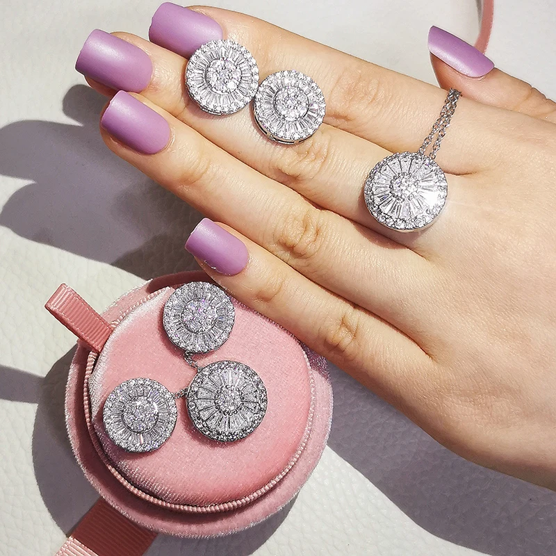 Round Crystal Bride Jewelry Set Drop Earring Necklace Pendant Women Gifts 2pcs silver jewelry set,jewelry set,silver jewelry,crystal jewelry set