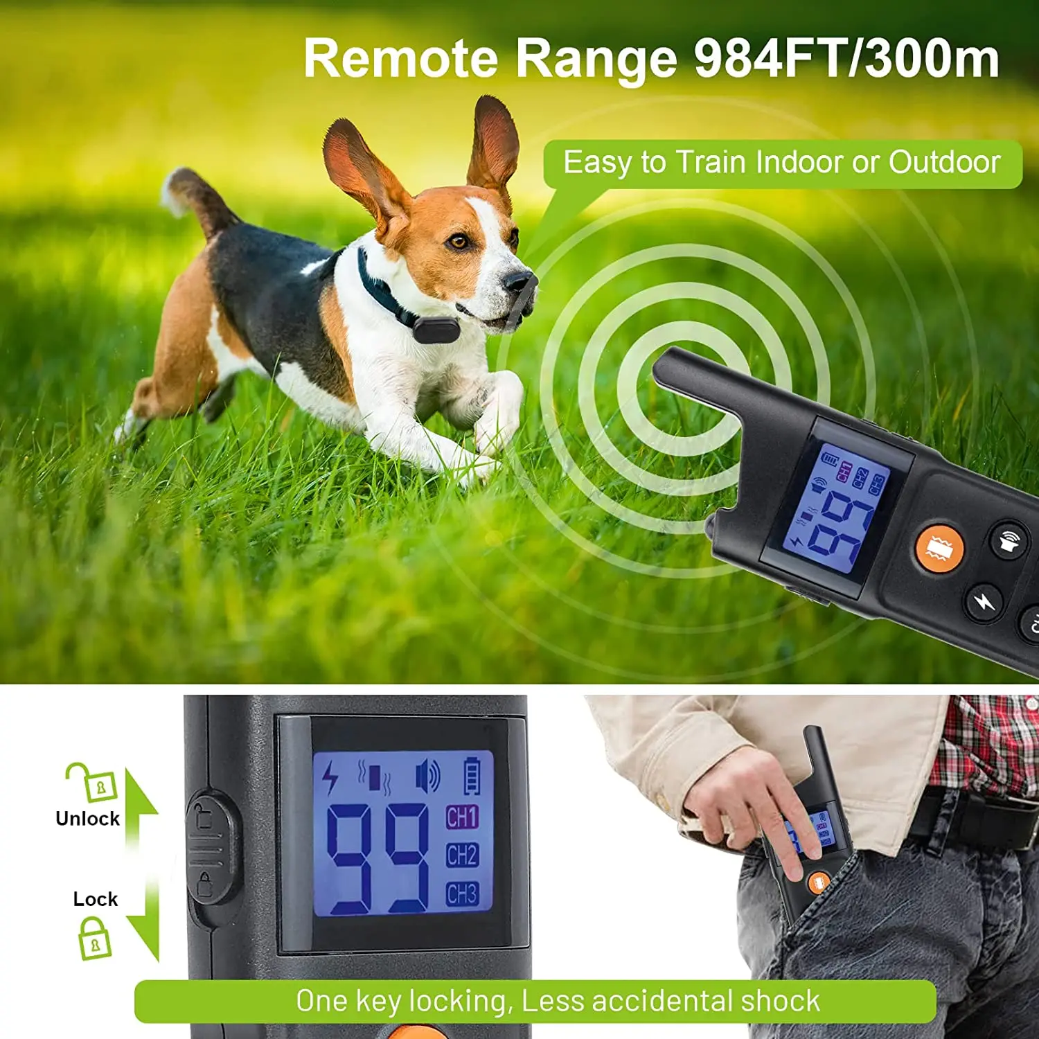 A split-screen image showing a Beagle running in a field with a 984-foot (300m) range indicator. The bottom half highlights a side-mounted security lock on the remote to prevent accidental shocks while the device is in a pocket.