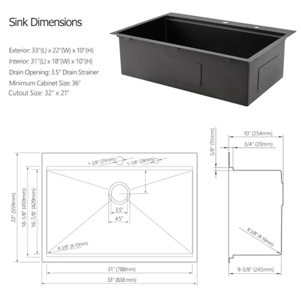 33" Black Stainless Steel Drop In Kitchen Sink with Workstation Quiet Operation Easy Clean Complete Set 5