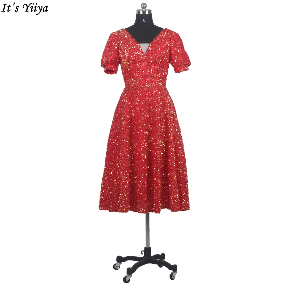 

It's Yiiya Red V-Neck Evening Dress Sequins Short Sleeves Knee-Length Zipper Back A-Line Plus size Woman Formal Party Gown A2540