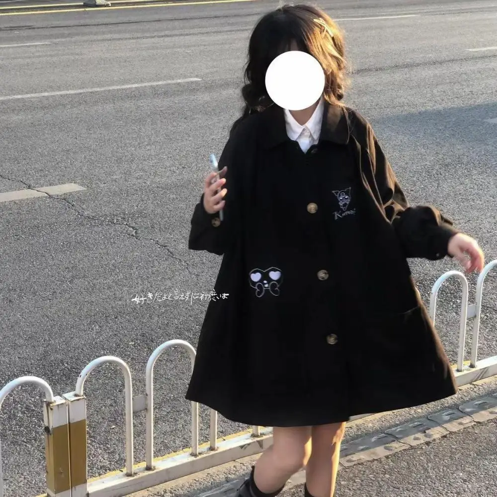 

Sanrio Kuromi Women's Jk Coat Anime Long Sleeve Thickened Warm Jacket Girly Autumn Winter Loose Casual Preppy Look Outwear Gift