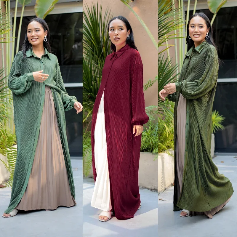 Midden-oosten Arabische Maleis Indonesisch Geplooide Jurk Moslim Gewaad Abaya Kimono Jalabiya Voor Vrouwen Vest Islamitische Kleding