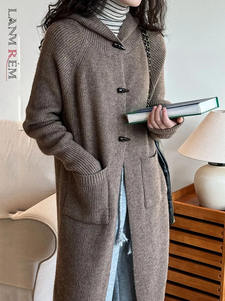 

[LANMREM] Hooded Knitting Cardigan Coats For Women Single Breasted Long Sleeve Thick Warm Outwear 2023 Winter New 26D7288