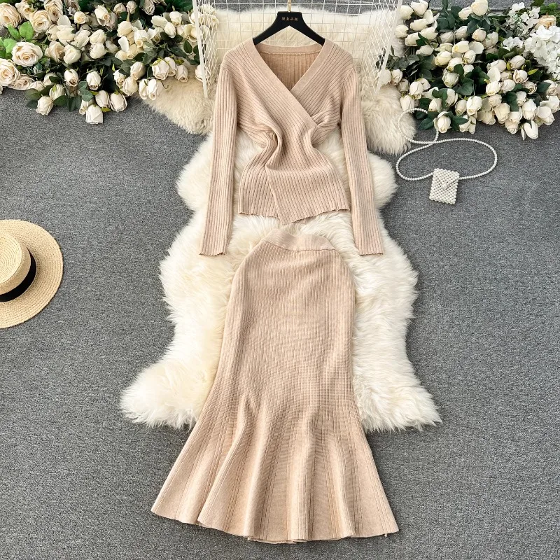 

Korean Style Women V Neck Mature Bodycon Outfits Crossover Long Sleeved Knitted Top Fishtail Maxi Ribbed Skirt Fashionable Suit