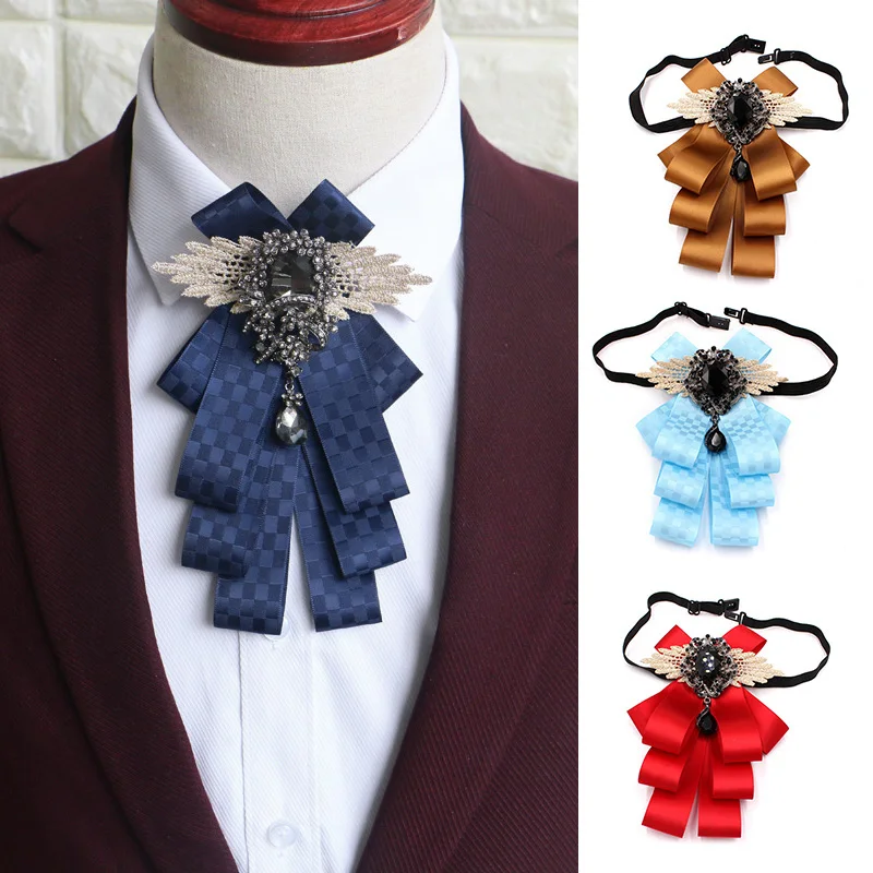 

New Men Vintage Pre-Tied Neck Tie Ribbon Bowtie Double Layer Collar Cravat Gorgeous Crystal Fixed Adjustable Shirt Accessories