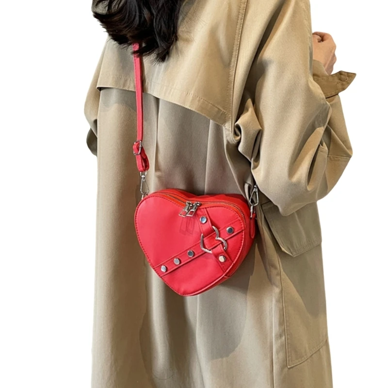 Heart Crossbody Bag Rivet Shoulder Bags for Women Girl Fashion Bags Leather Bag E74B